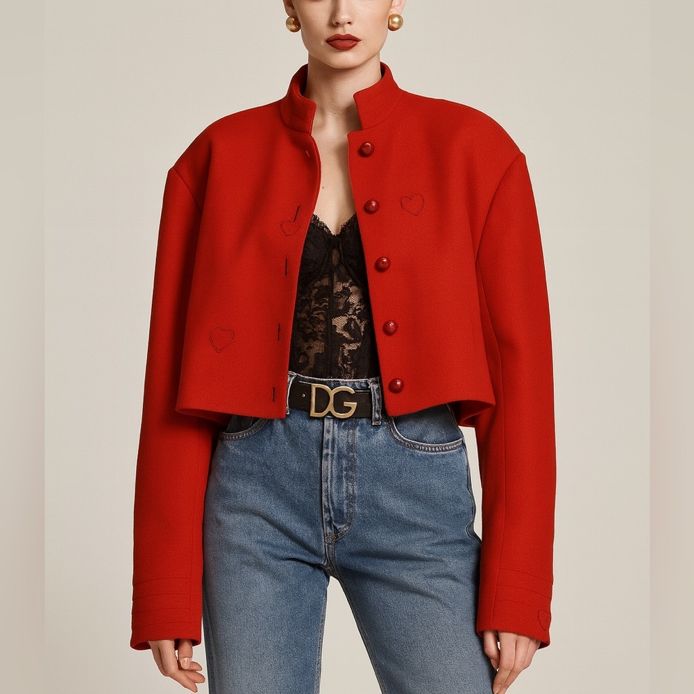 Rare Vintage David Hayes 100% Wool Red Cropped Jacket Heart Embroidery
